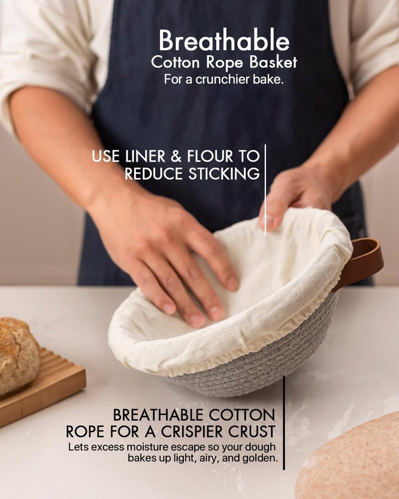 BARoyal Crispier Crust Cotton Rope Banneton Bread Proofing Basket Set, Oval & Round Bread Baskets with Liners & Covers for Artisan Bread Baking, Sourdough Bread Baking Supplies(Gray) - Image 2